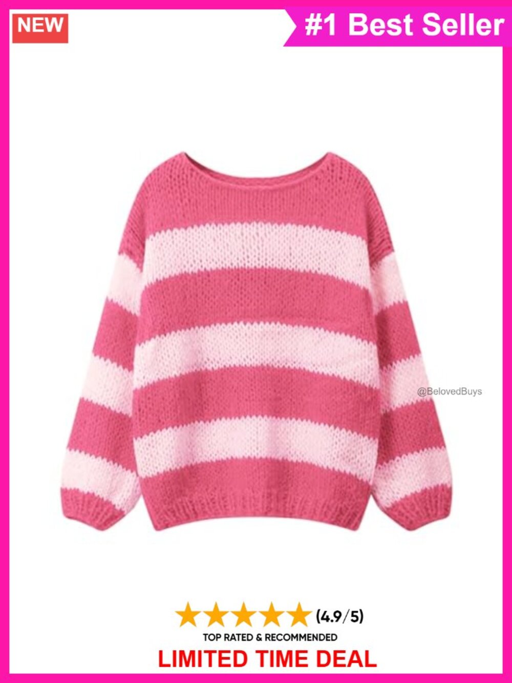 Oversized Striped Knit Pullover Sweater Long Sleeve Crew Neck Casual